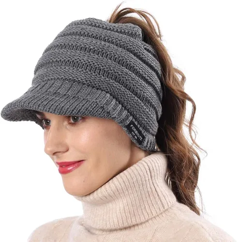 Vista 2 de FORBUSITE Gorro de punto cálido para mujer con diseño de cola de caballo para coleta, gorro B085