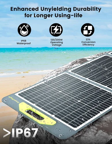 Vista 2 de Greenmagic Panel Solar Portátil de 120W 19V, Kit de Paneles Solares Plegables de 120W con Soportes Ajustables, Impermeable IP65 para Camping