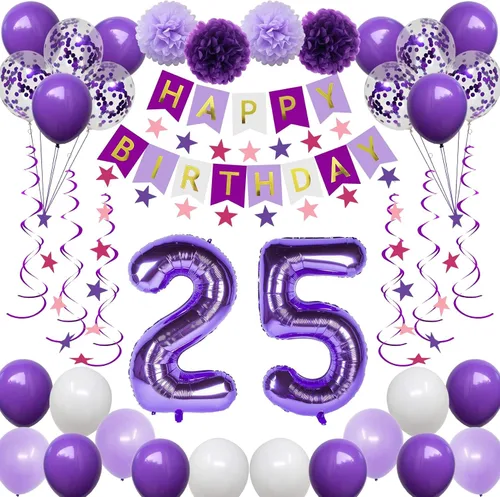 Vista 10 de Decoraciones de cumpleaños número 10 para niñas, globos morados de feliz cumpleaños, pancarta, globos de números, serpentinas de estrellas