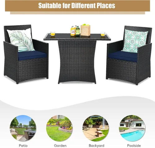 Vista 7 de COSTWAY Juego de muebles de ratán para patio, 3 piezas, sofá, reposabrazos y cubierta de jardín, azul marino