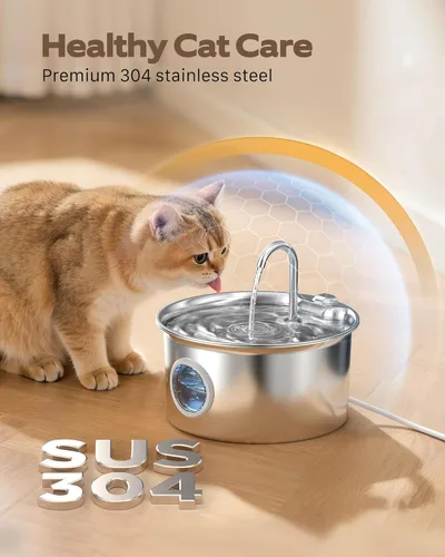 Vista 3 de Fuente de agua para gatos de acero inoxidable: fuente para gatos con 6 filtros + 3 esponjas, fuente de agua para mascotas de 88 oz/2.6 L para gatos