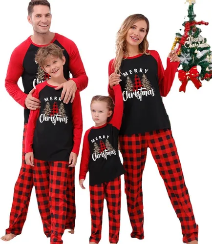 Vista 4 de Awoscut Pijamas de Navidad para la familia, conjuntos de pijamas de Navidad a juego para parejas, adultos y niños, pijamas de Navidad