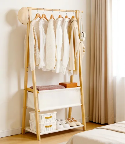 Vista 5 de Perchero de bambú con caja de almacenamiento y estante de almacenamiento, perchero portátil extra grande para ropa, armario plegable para entrada