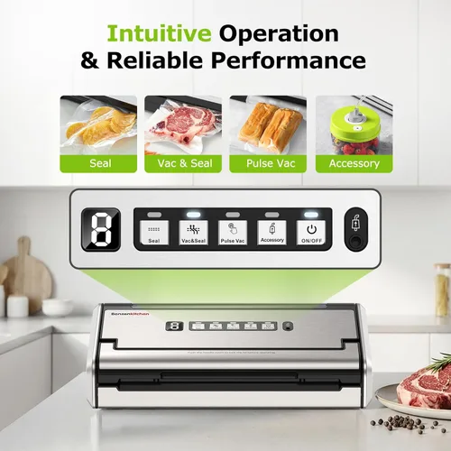 Vista 2 de Bonsenkitchen Sellador al vacío para alimentos, máquina selladora al vacío de alimentos con una sola mano con temporizador digital, sello más ancho