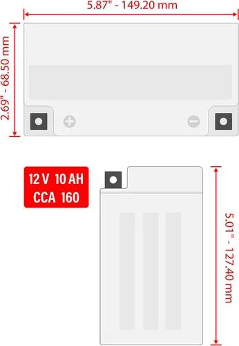 Vista 2 de Caltric Batería AGM compatible con Piaggio Vespa 946 Scooter 2013 2014 2015 2016 / 12V 10Ah CCA160 / YT12B-BS