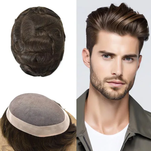 Vista 77 de Mens Toupee Hair Piece Real Human Hair Fine Mono Toupee para hombres Sistema de reemplazo de cabello para hombre Postizo Protesis Capilar Para