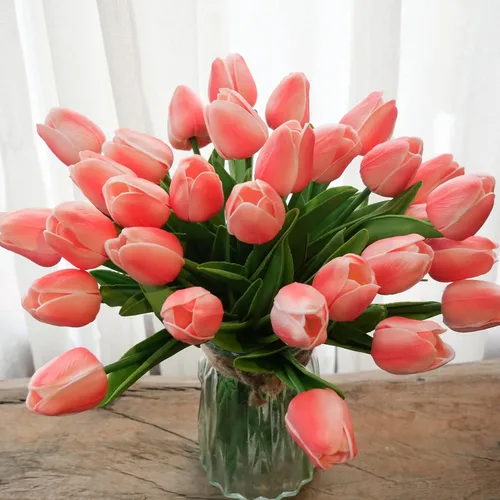 Vista 14 de 30 tulipanes reales al tacto, flores de poliuretano, tulipanes artificiales para arreglos de boda, fiesta, Pascua, primavera, hogar, comedor, Rosa