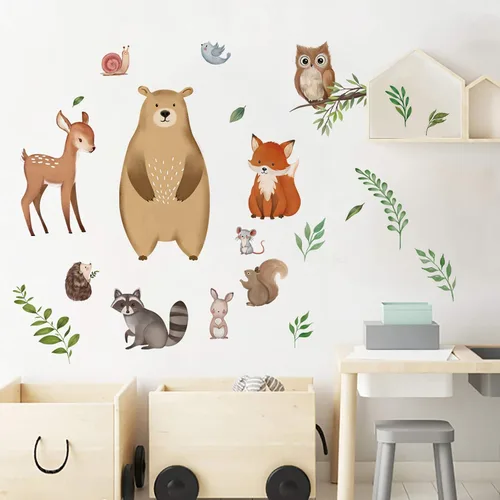 Vista 3 de decalmile Calcomanías de pared de hojas de animales del bosque, diseño de oso zorro, ciervo, decoración de pared para habitación de bebé, habitación