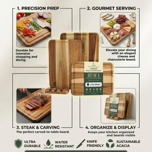 Vista 7 de Juego de 3 tablas de cortar de madera de acacia con soporte (16 x 12 pulgadas, 14 x 10 pulgadas, 12 x 8 pulgadas), charcutería de grano de borde
