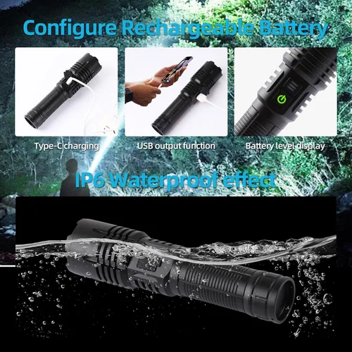 Vista 3 de Linternas recargables LED superbrillantes, linternas tácticas con zoom con 6 modos (lámpara UV), linterna de alta potencia de 6000 lúmenes, luces