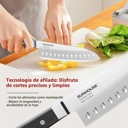 Vista 6 de Cuchillo Santoku Sunhouse de 7 pulgadas, acero inoxidable AUS-8 – Dureza superior de 59HRC, espiga completa, mango ergonómico, regalos perfectos