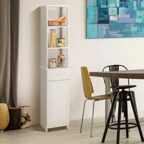 Vista 7 de MAT EXPERT Armario alto de baño, armario de almacenamiento independiente con estante y cajón de 3 niveles, torre estrecha de lino para baño