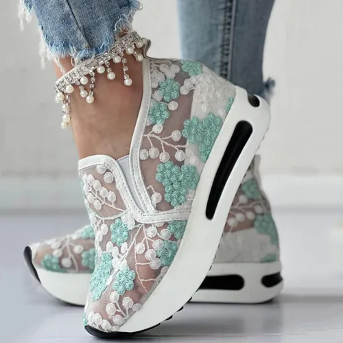 Vista 2 de Hbeylia Zapatos deportivos de plataforma de moda para mujer, bordado, malla floral, encaje de aire, suela gruesa, tacones altos ocultos, mocasines