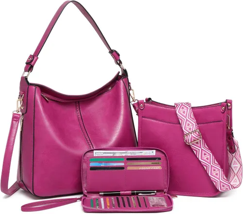 Vista 13 de Carteras para Mujeres 3PCS, Juego de Bolsos Cruzados Bolso Grande de Cuero Carteras de Hombro con Billetera Correas Ajustables para Damas Tote