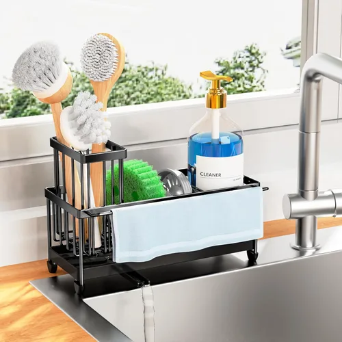 Vista 26 de Cisily Soporte de esponja negro extra grande para fregadero de cocina, organizador de fregadero con soporte alto para cepillos, organizadores