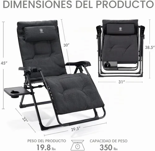 Vista 3 de EVER ADVANCED Silla de aluminio gravedad cero, 2.4" acolchado, capacidad de Negro