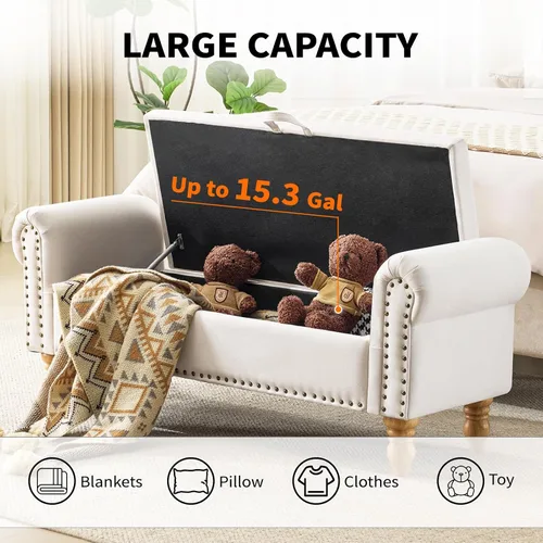 Vista 4 de Banco otomano tapizado de lino de 55 pulgadas con brazos enrollados para dormitorio, color beige