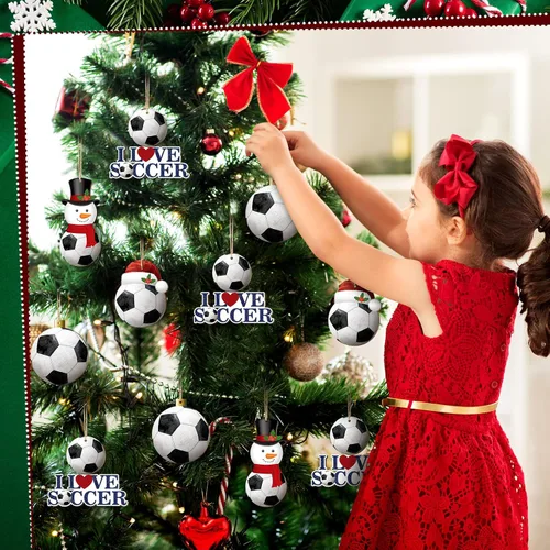 Vista 7 de Karenhi 24 adornos de pelota de fútbol de Navidad, adorno de muñeco de nieve de fútbol, bola de madera, adornos de árbol de Navidad, recortes