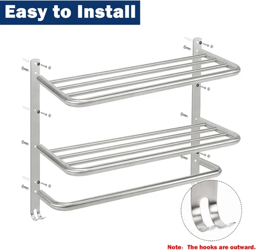 Vista 6 de NearMoon Toallero de baño, toallero de 3 niveles con ganchos, colgador de toallas de acero inoxidable SUS304, almacenamiento de toallas montado
