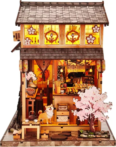 Vista 11 de Kit de rincón de libros para adultos, kit de casa de muñecas Sakura japonesa, kit de casa en miniatura con luz LED, mini kit de construcción