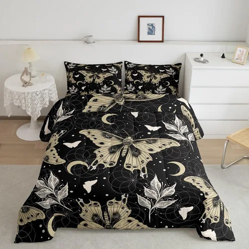 Vista 23 de Erosebridal Juego de ropa de cama de calavera gótica, flores mandala, mariposa hippie para niñas y niños, edredón de esqueleto de la muerte de Negro