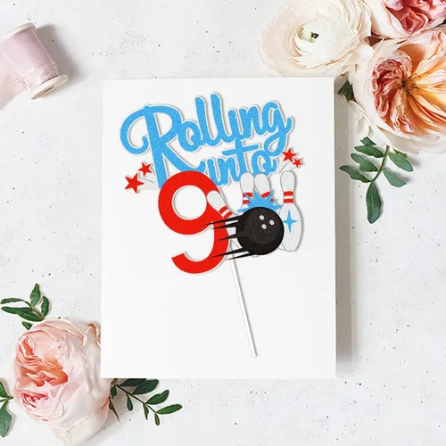 Vista 5 de Bowling Rolling Into 9 Happy 9th Birthaday - Decoración para pastel de boliche de 9º cumpleaños con purpurina - Decoración de pastel de boliche
