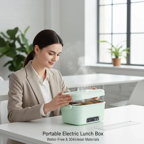 Vista 4 de Lonchera eléctrica inalámbrica, lonchera térmica de 1.5 L con batería de 7800 mAh, calentador de alimentos portátil verde para oficina, automóvil