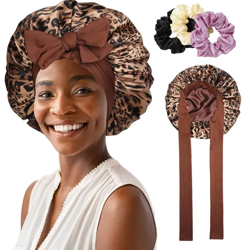 Vista 18 de Gorro de satén para mujer, con banda de amarre para el cabello, para dormir, grande de 2 capas, gorro de dormir de seda para dormir con 3 coleteros