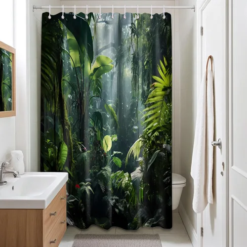 Vista 15 de Cortina de ducha verde de selva naturaleza bosque selva tropical paisaje planta tropical decoración de baño, tela impermeable con ganchos, 36x72