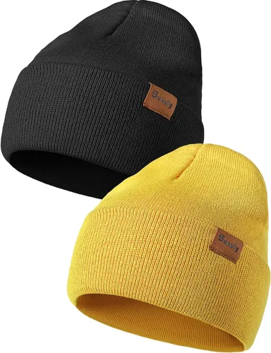 Vista 10 de Gorro de punto para hombre y mujer, gorro de invierno de punto, gorro de calavera, gorro de nieve a rayas, gorro térmico con puños 2p-negro+verde