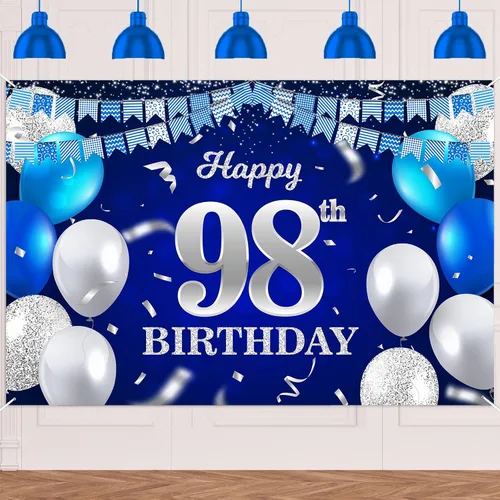 Vista 30 de Bandera de feliz primer cumpleaños con fondo azul marino, globos, confeti, bandera de rayas, luces de puntos, felicitaciones por el tema de 1 año