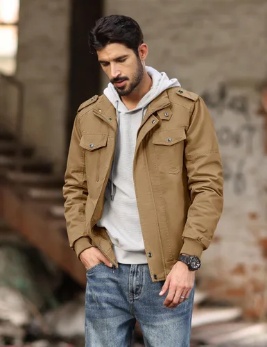 Vista 2 de MAGCOMSEN Chaqueta de invierno para hombre, con forro polar, chaqueta de trabajo de lona encerada, chaquetas cálidas de sherpa, chaqueta militar