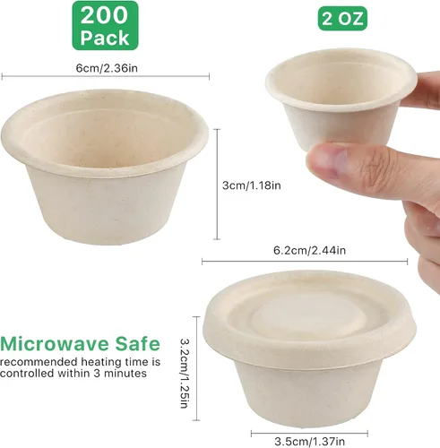 Vista 2 de Paquete de 200 tazas de salsa desechables de 2 onzas, mini tazas de condimento de fibra de bagazo biodegradable con tapas para preparación