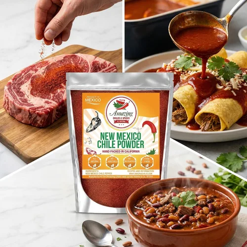 Vista 7 de Chili en polvo de Nuevo México (4 onzas), natural y de alta calidad. Ideal para guisos, sopas, masajes de carne, salsa, enchiladas y más. Calor