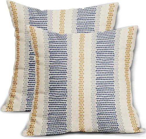 Vista 16 de Juego de 2 fundas de almohada negras y azules con rayas de puntos grises, decorativas para exteriores, estilo boho rústico, para sofá, cama, cojín