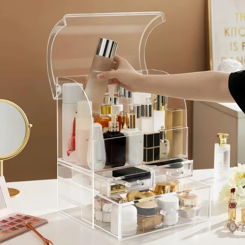 Vista 4 de Organizador de maquillaje acrílico grande transparente con tapa, cajones de almacenamiento de cosméticos, organizadores de maquillaje portátiles