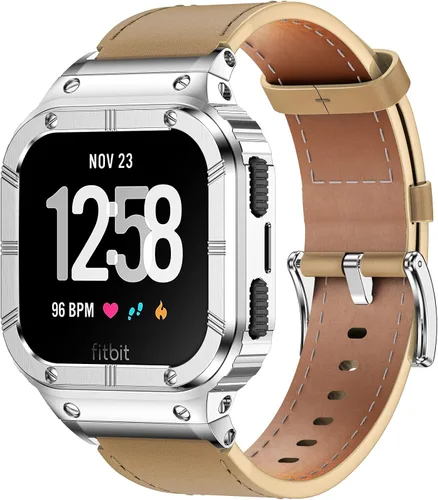 Vista 10 de BAITEYOU Leather Bands with Stainless Steel Case Compatible with Fitbit Versa 1 2 3 4 Lite Sense 2 1 Protective case for men