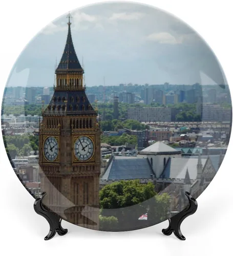 Vista 14 de Plato decorativo para exhibición, plato Big Ben London, plato redondo de cerámica, platos conmemorativos con soporte, adorno de porcelana