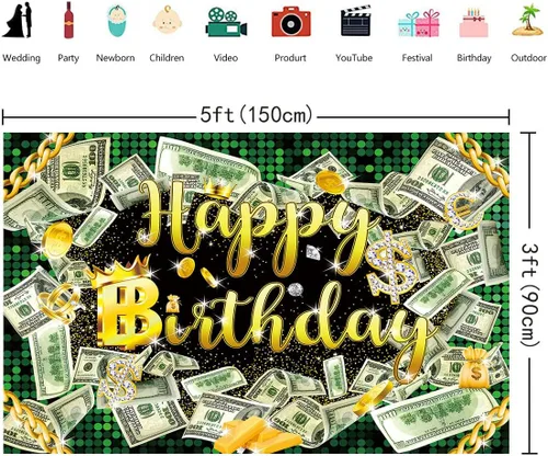 Vista 5 de Fondo de cumpleaños de 5 x 3 pies para fiesta de dinero, fondo de billetes de dólar, telón de fondo de hip hop, para niños, niñas y hombres