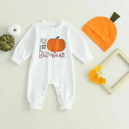 Vista 2 de Ynibbim Mameluco de Halloween para bebé niño con estampado de calabaza a cuadros de manga larga y gorro conjunto para bebé