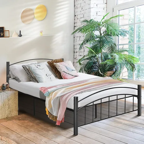 Vista 7 de Giantex Base de cama de metal, plataforma moderna con cabecero y estribo, base de colchón con soporte de listones de acero resistente, sin ruido