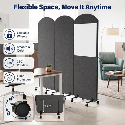 Vista 8 de 3-Panel Portable Office Partition, Acoustic Wall Divider with whiteboard Gris Oscuro