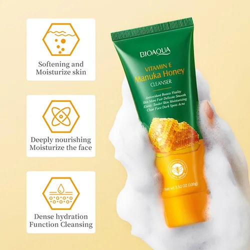 Vista 6 de BIOAQUA Limpiador facial de miel de Manuka Vitamina E Espuma de limpieza profunda Reparación de la piel de la cara Suavizar Hidratante Hidratante