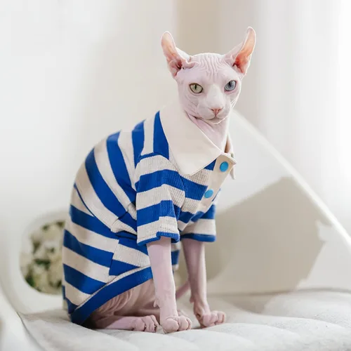 Vista 5 de Sphynx - Camiseta polo de algodón sin pelo con mangas para gato Polo Azul Blanco