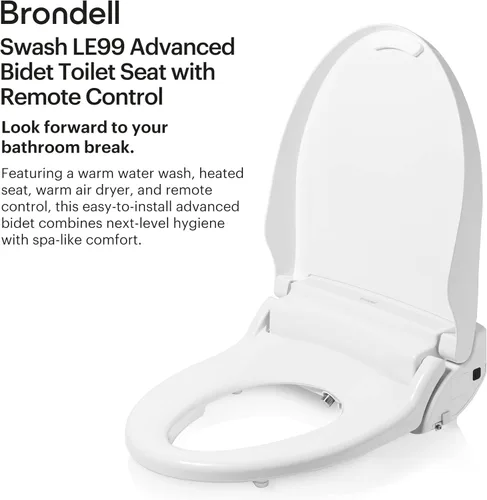 Vista 2 de Brondell LE99 Asiento de inodoro con bidé, se adapta a inodoros alargados, bidé eléctrico con control remoto, secadora de aire caliente, modo