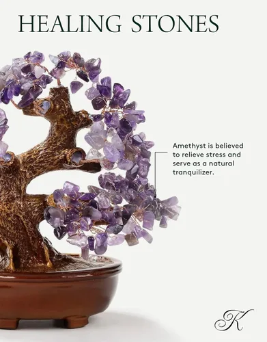 Vista 2 de KALIFANO Amatista natural (360 piedras preciosas) Árbol de cristal de chakras – Bonsái Feng Shui árbol de dinero para energía positiva, suerte