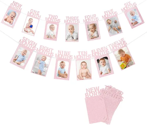 Vista 7 de Crosize - Pancarta decorativa para celebración del primer cumpleaños con marcos de fotos para bebés desde recién nacidos hasta 12 meses, guirnalda
