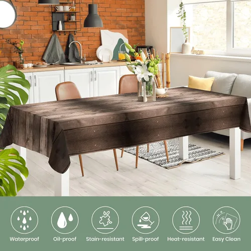 Vista 4 de Mantel rectangular de tela de poliéster de 60 x 120 pulgadas, de grano de madera marrón, lavable, resistente a las arrugas, para comedor al aire