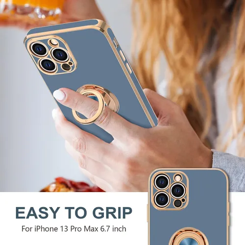 Vista 2 de Hython Funda para iPhone 13 Pro Max con soporte de anillo [soporte de anillo giratorio de 360° con soporte magnético] [borde chapado en oro rosa]