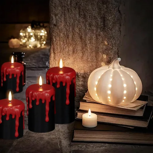 Vista 5 de Wondise Velas de Halloween sin llama con temporizador de 6 horas, velas LED negras de cera real que gotean a pilas, mecha 3D, parpadeante